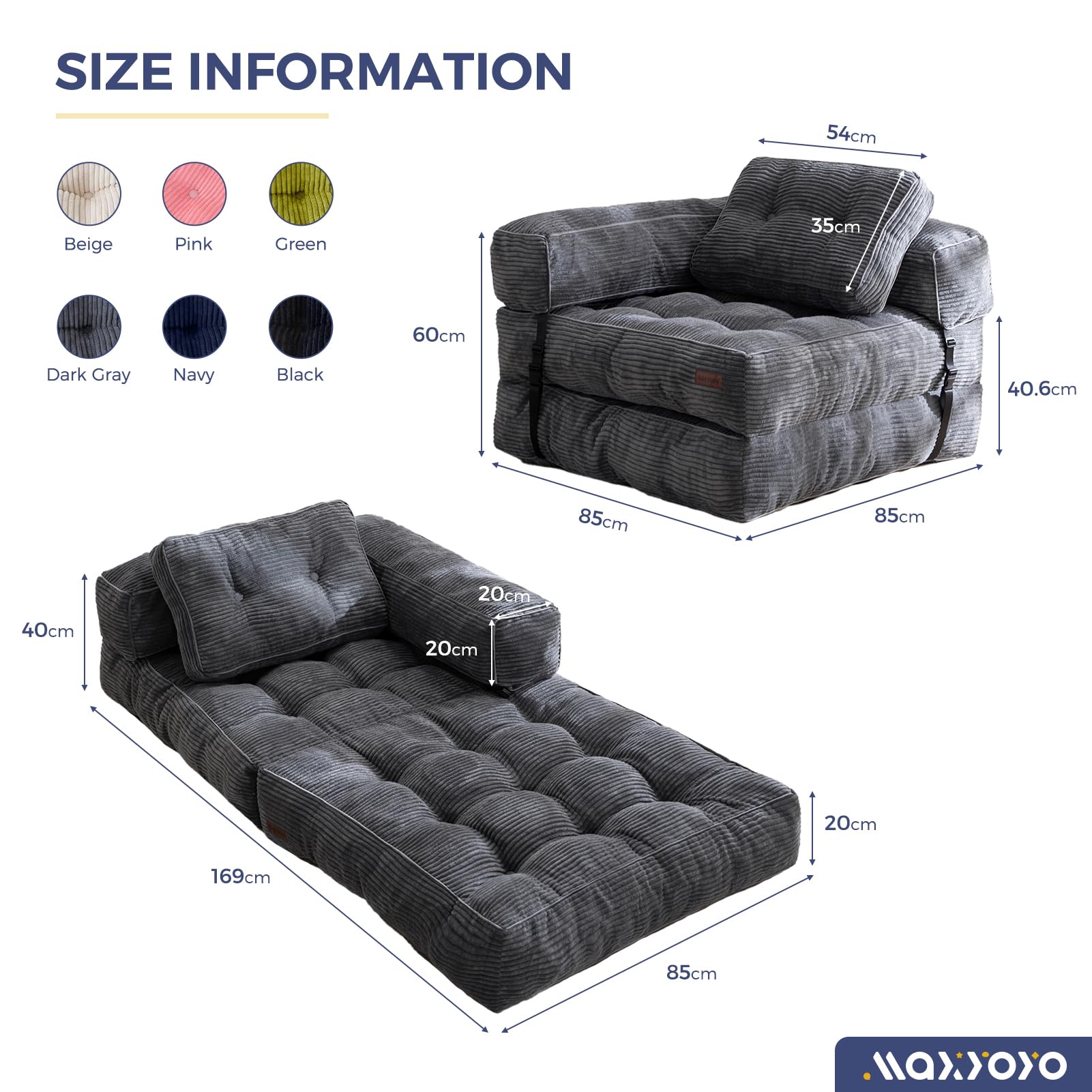 MAXYOYO Foldable Sofa Bed,Bean Bag Couch Convertible Sleeper Chair with Armrest L-Shaped Floor Lounge Sofa with Pillow Portable Lounge Seat for