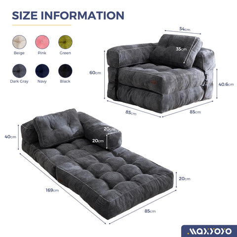 MAXYOYO Foldable Sofa Bed,Bean Bag Couch Convertible Sleeper Chair with Armrest L-Shaped Floor Lounge Sofa with Pillow Portable Lounge Seat for