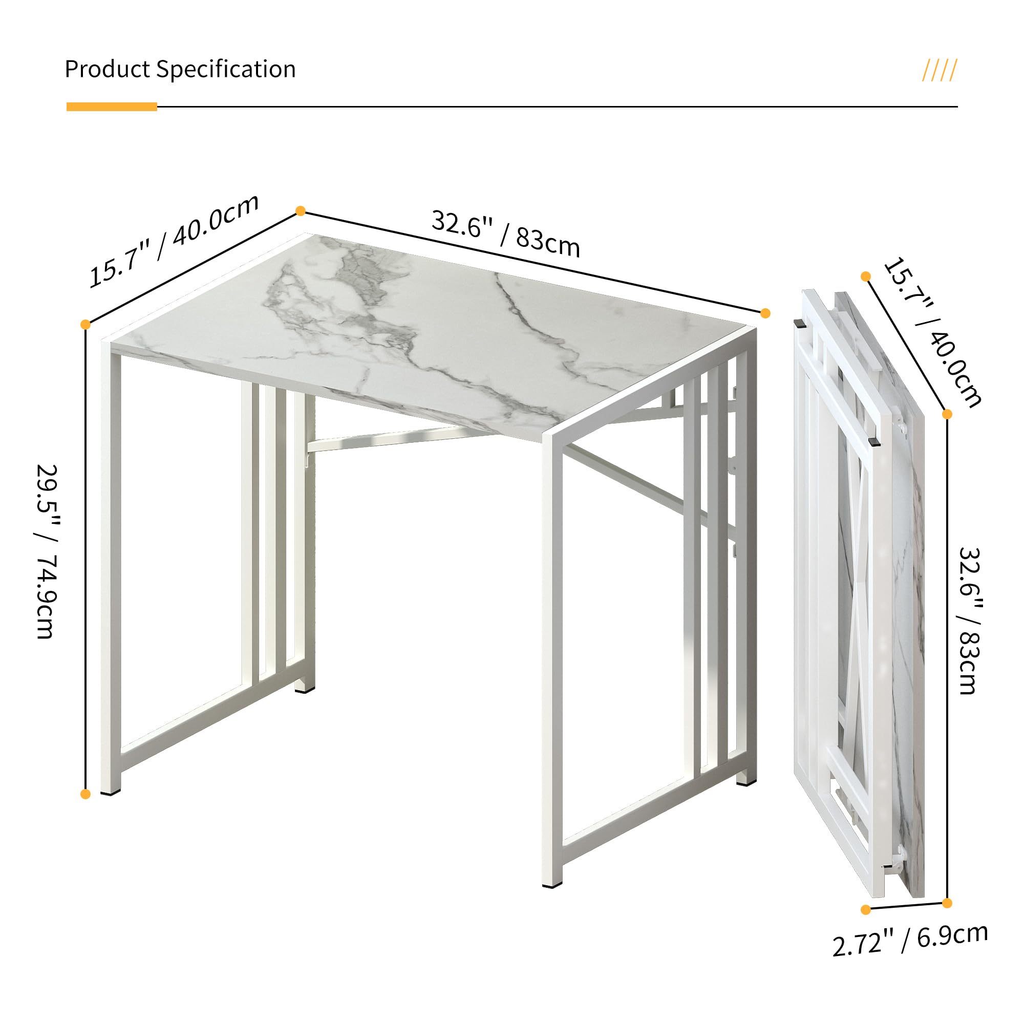 Lutown-Teen 47 inch Folding Desk No Assembly Required, White Marble