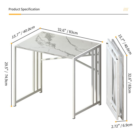 Lutown-Teen 47 inch Folding Desk No Assembly Required, White Marble