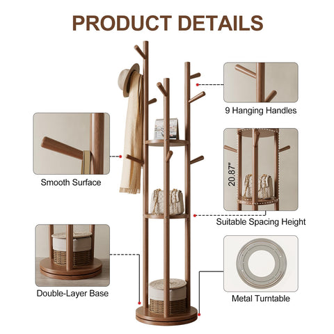 AQIMUELE Coat Stand, Wooden Coat Rack Stand with 3 Storage Shelves and 9 Hooks, Freestanding - Rotatable Coat Hanger Stand