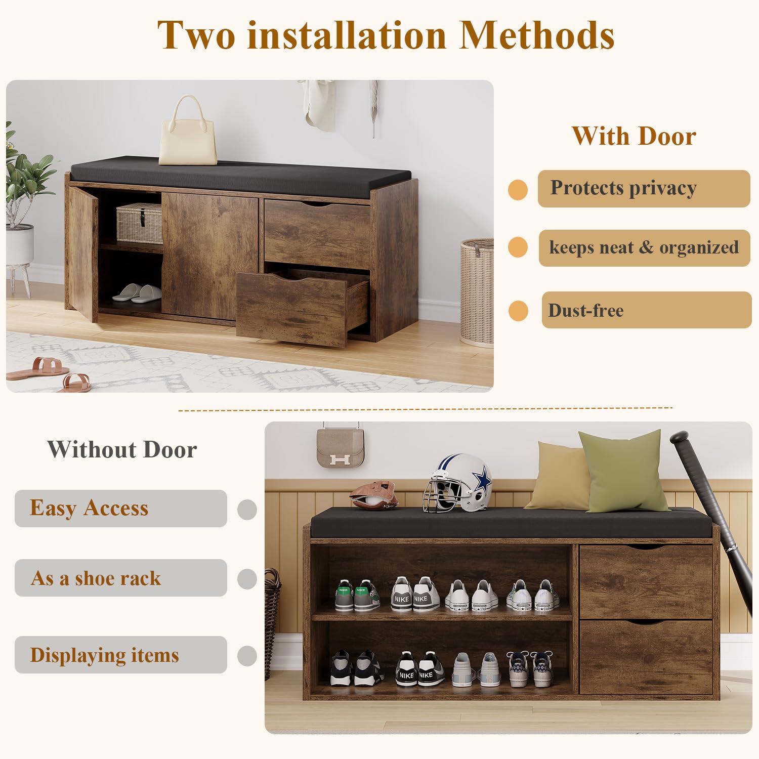 LVB Entryway Shoe Bench, Rustic Storage Bench with Cushioned Seat, Long Hidden Shoe Organizer Bench with 2 Drawers