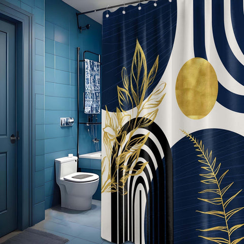 LanZanthic Blue and Gold Shower Curtains for Bathroom Dark Navy Blue Abstract Mid Century Modern Wet Room Shower Curtain with hooks