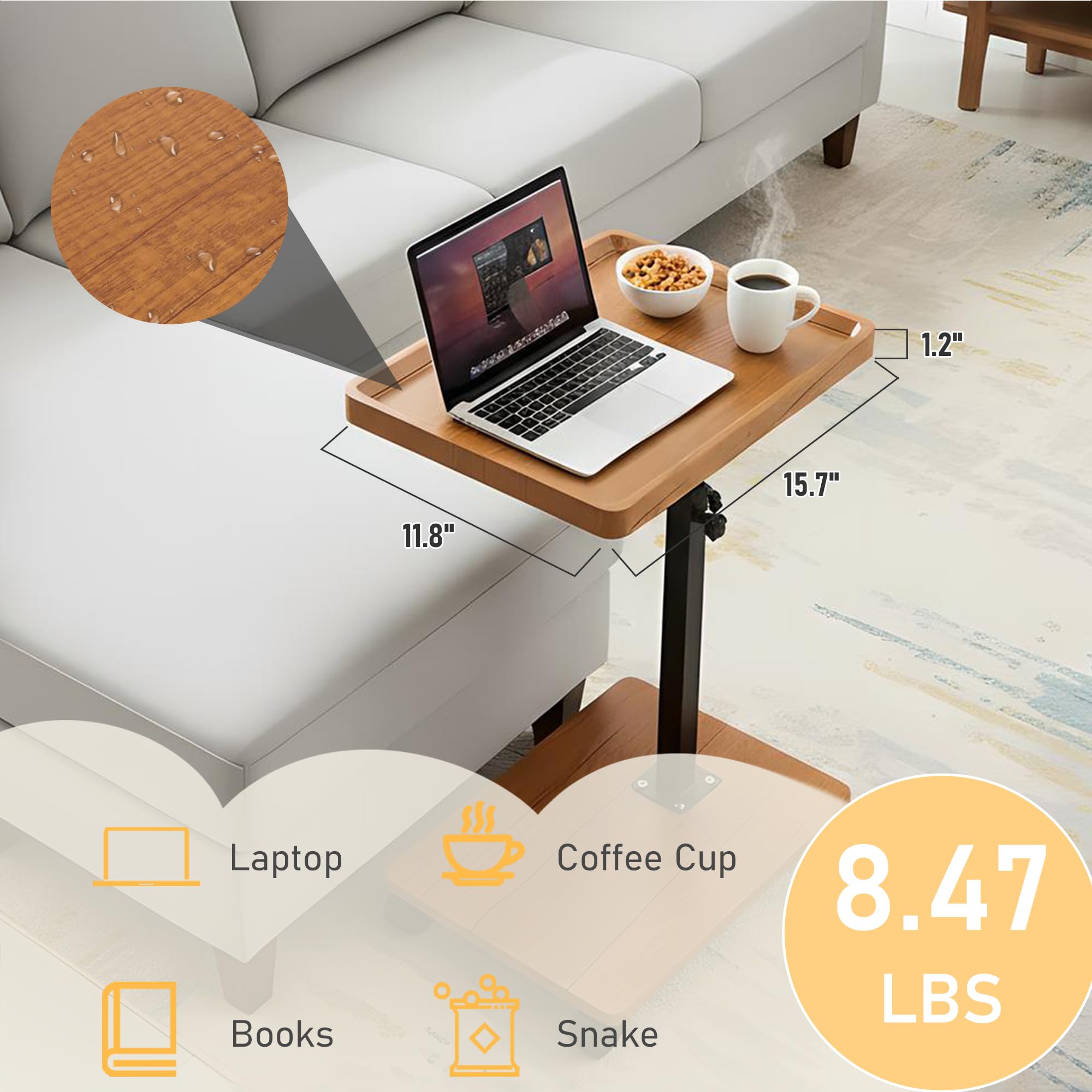 YYW C Shaped Side Table, Height Adjustable Bedside Table with Wheels, 360°Swivel Sofa End Tables, Wooden Coffee End Table for Living Room Bedroom