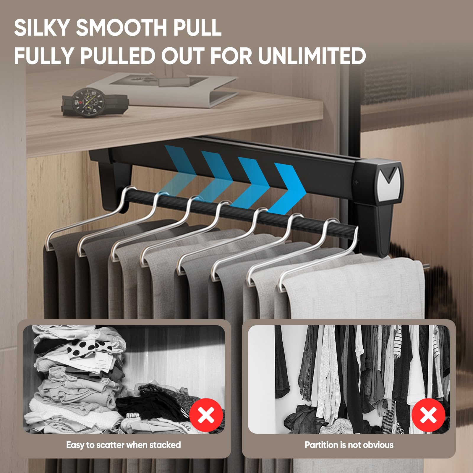 Pull Out Clothes Rail,Pull out Hanger Rail (26-61CM) Steel Adjustable Clothes Rail For Trousers Clothing Storage, Space Saving (61CM)