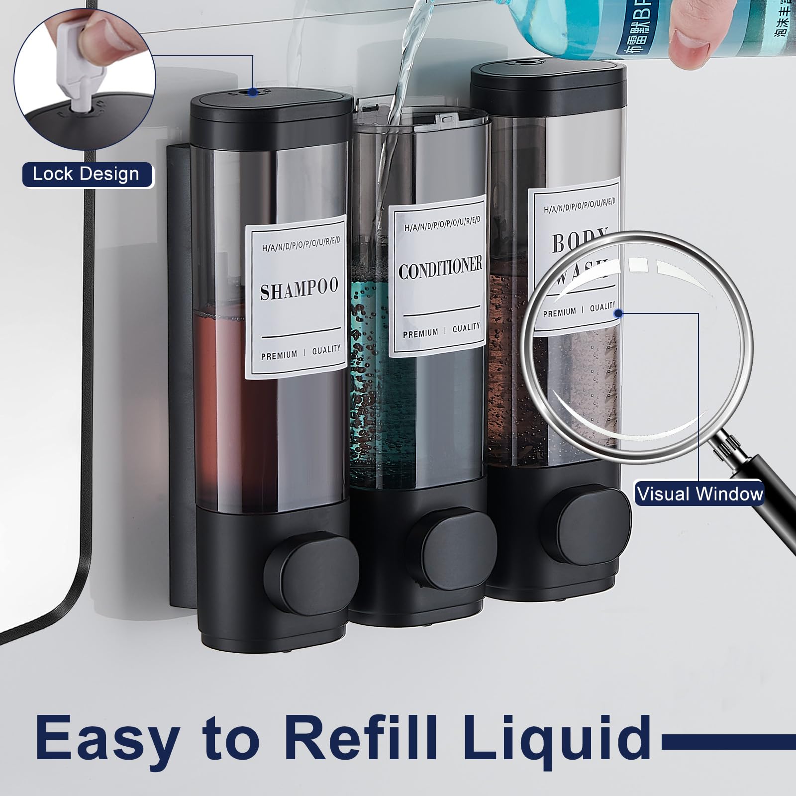 KSITEX Shower Soap Dispenser Wall Mounted No Drill Shampoo and Conditioner Dispenser for Shower With Large Capacity Hand Soap Dispenser for Bathroom