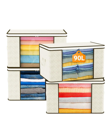 KALAHOL 90L Large Capacity Clothes Storage Bags with Zips, Storage Boxes with Lids, Foldable, Reinforced Handle, Thick Fabric, for Comforters