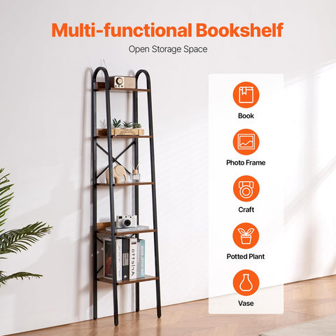 VEVOR Metal Bookshelf, 5-Tier Industrial Bookshelf, Tall Narrow Rustic Vintage Storage Bookcase with Open Shelves