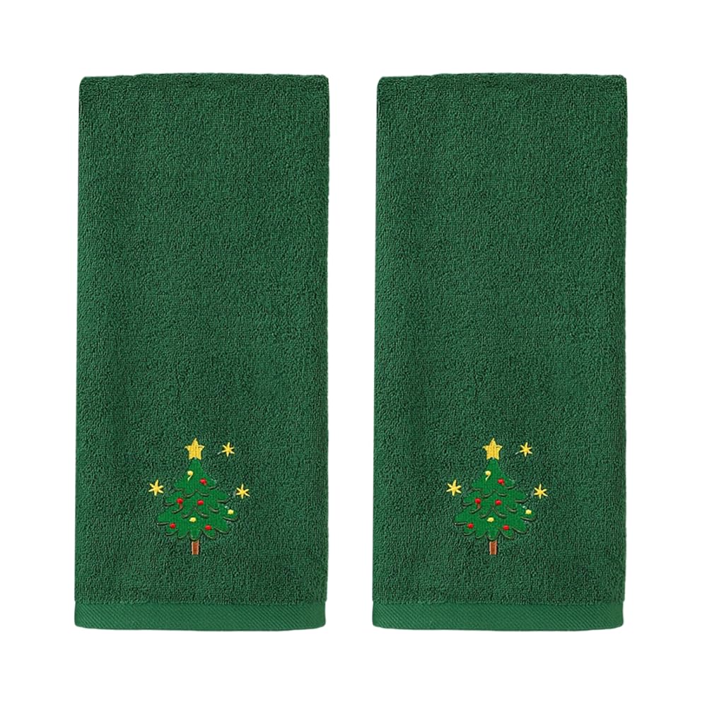 MiOYOOW 2PCS Christmas Hand Towels, 15.8"x25.6" Soft Cotton Xsmas Pattern Embroidered Kitchen Dish Towels with Highly-Absorbent for Winter Bathroom