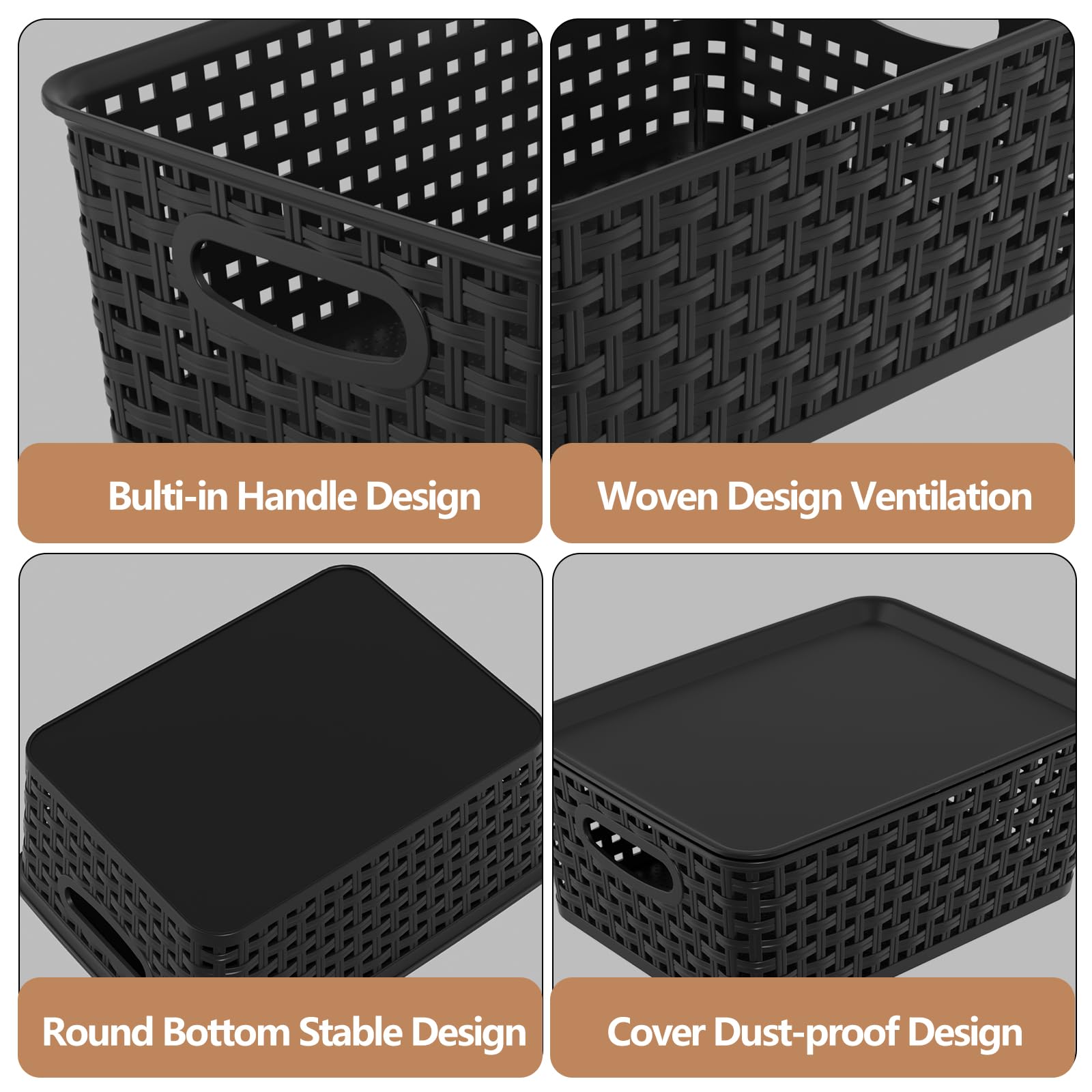 Oymlclivisa 6 Packs Woven Plastic Storage Baskets with Lids, Black