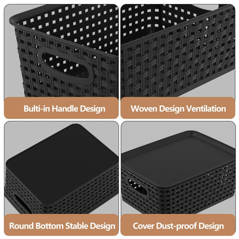 Oymlclivisa 6 Packs Woven Plastic Storage Baskets with Lids, Black