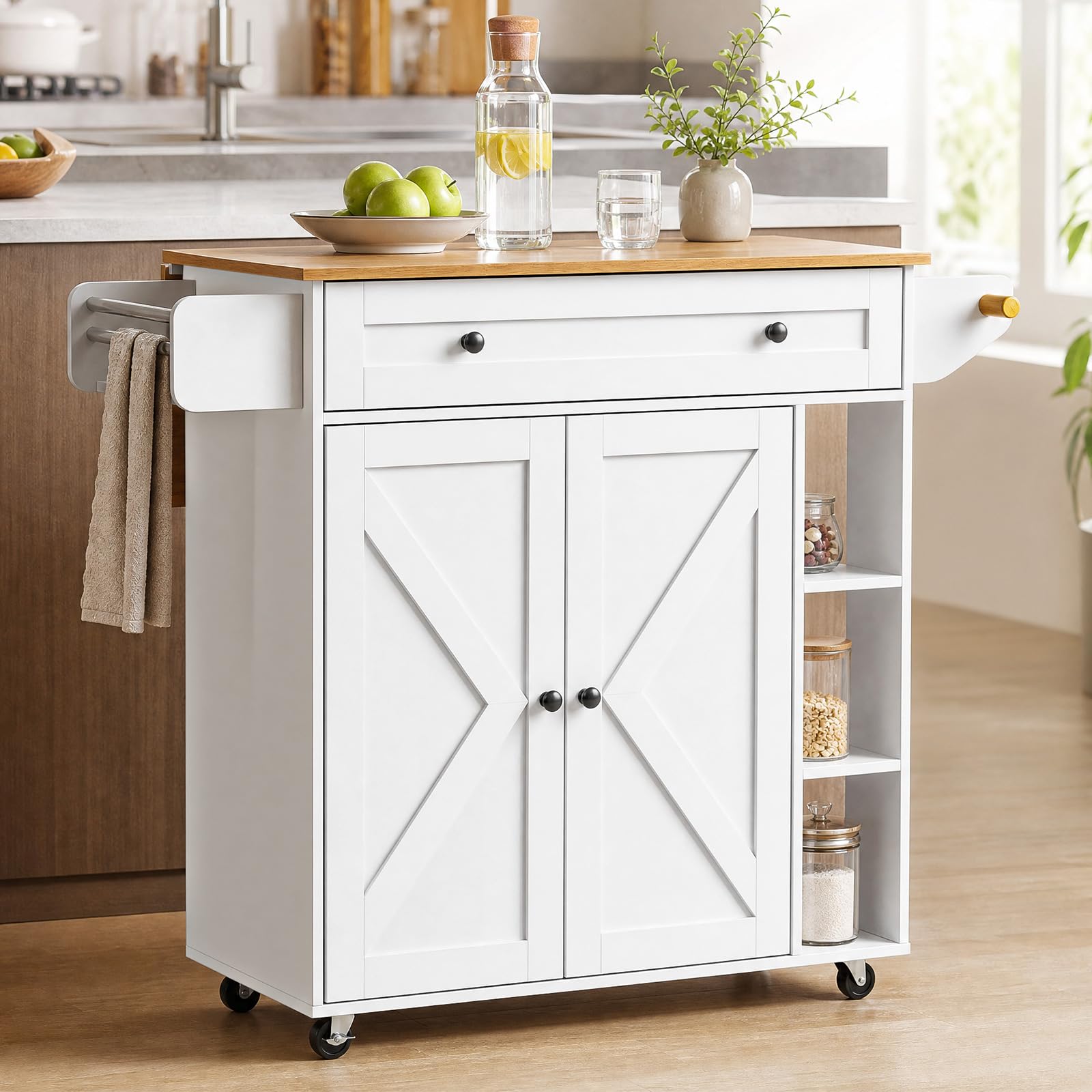 Drop-Leaf Kitchen Island on Wheels Utility Storage Cart with Drawers