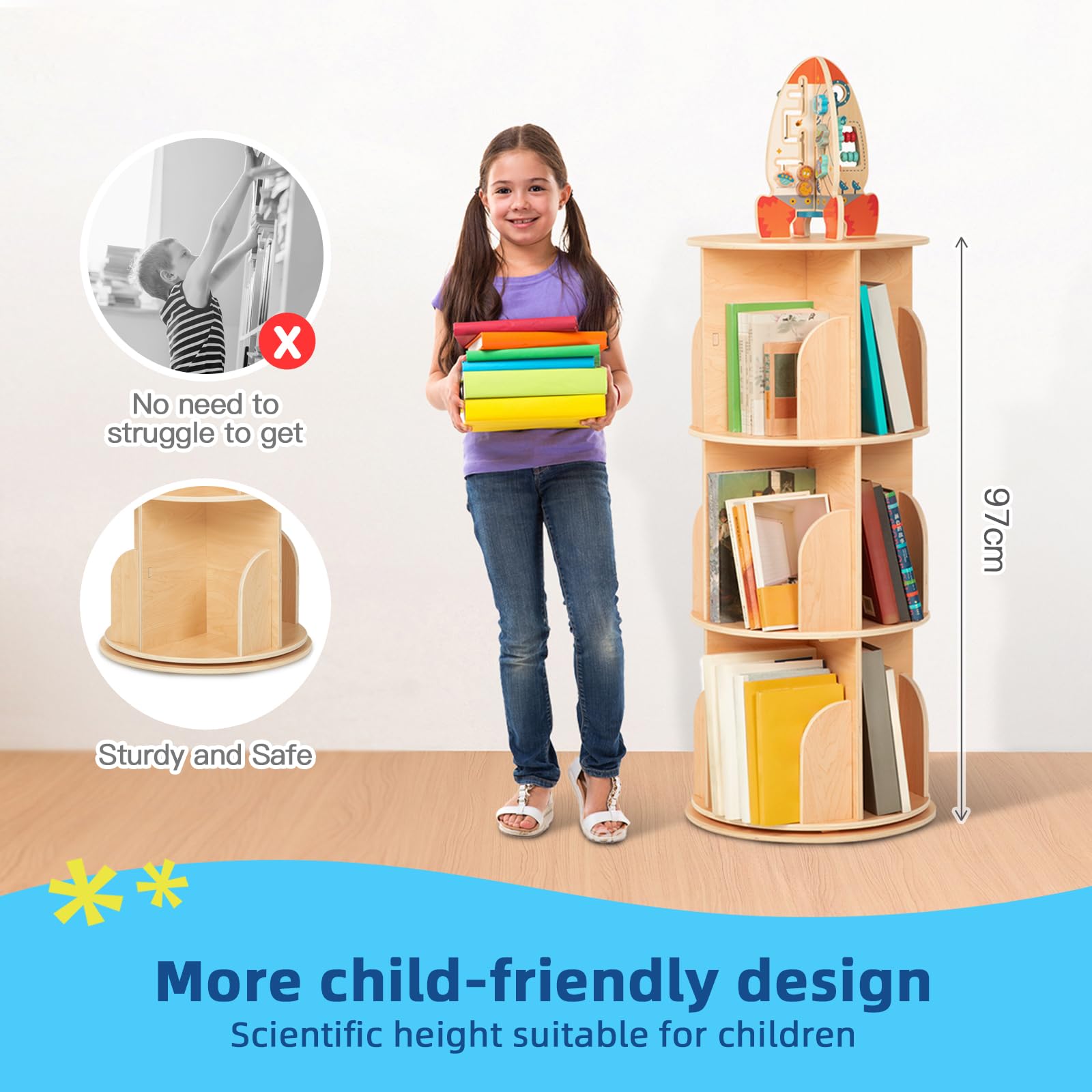 OOOK Rotating Bookshelf, 3 Tier Corner Spinning Bookshelf for Small Space