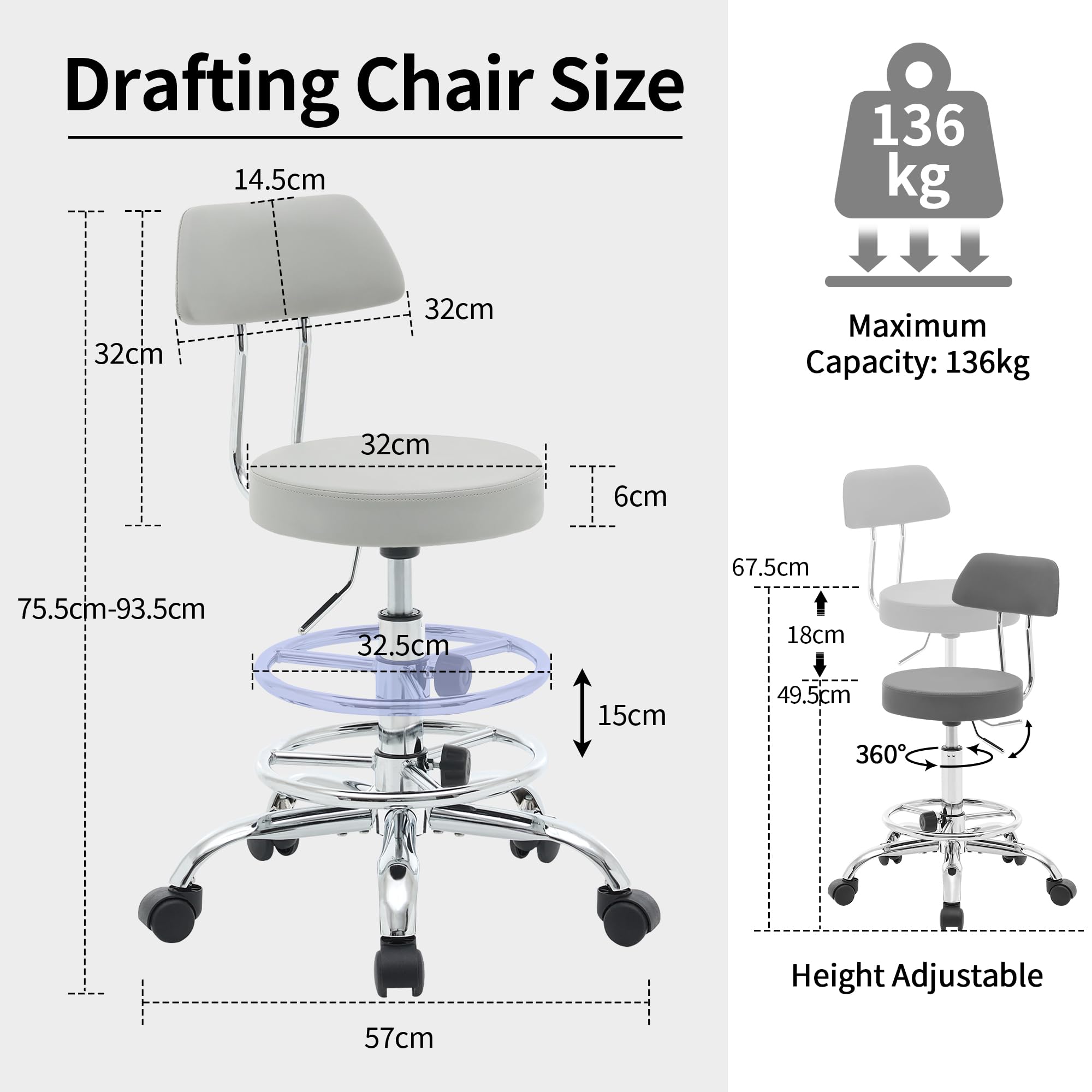 FIRAVOE Height Adjustable Drafting Office Chair with Backrest and Footrest, Swivel Drum Stool, Space-Saving Tattoo Chair 49.5–67.6 cm Height