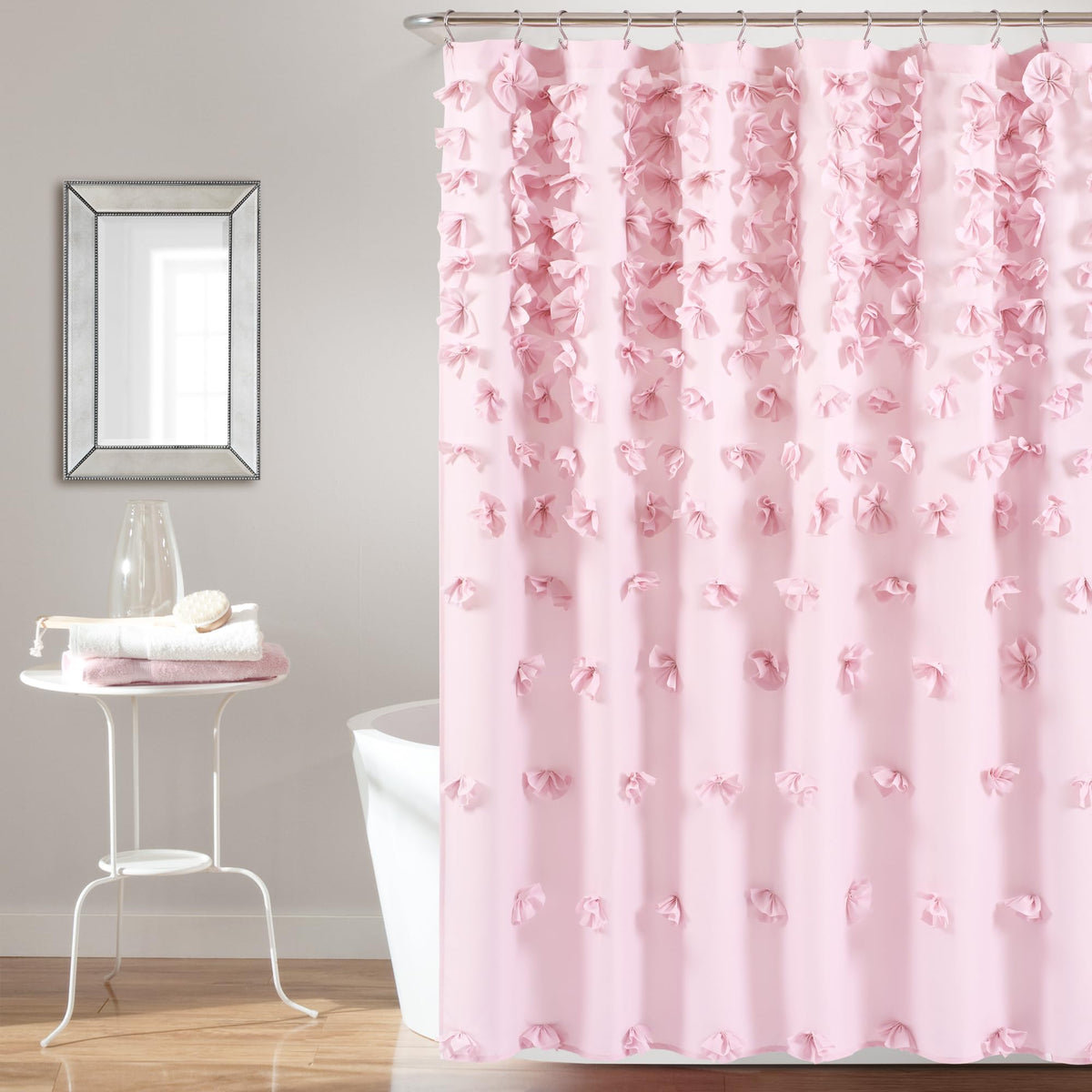 Lush Decor Riley Shower Curtain, 72" W x 72" L, Lilac - Luxury Shower Curtain With Bows - Charming Texture