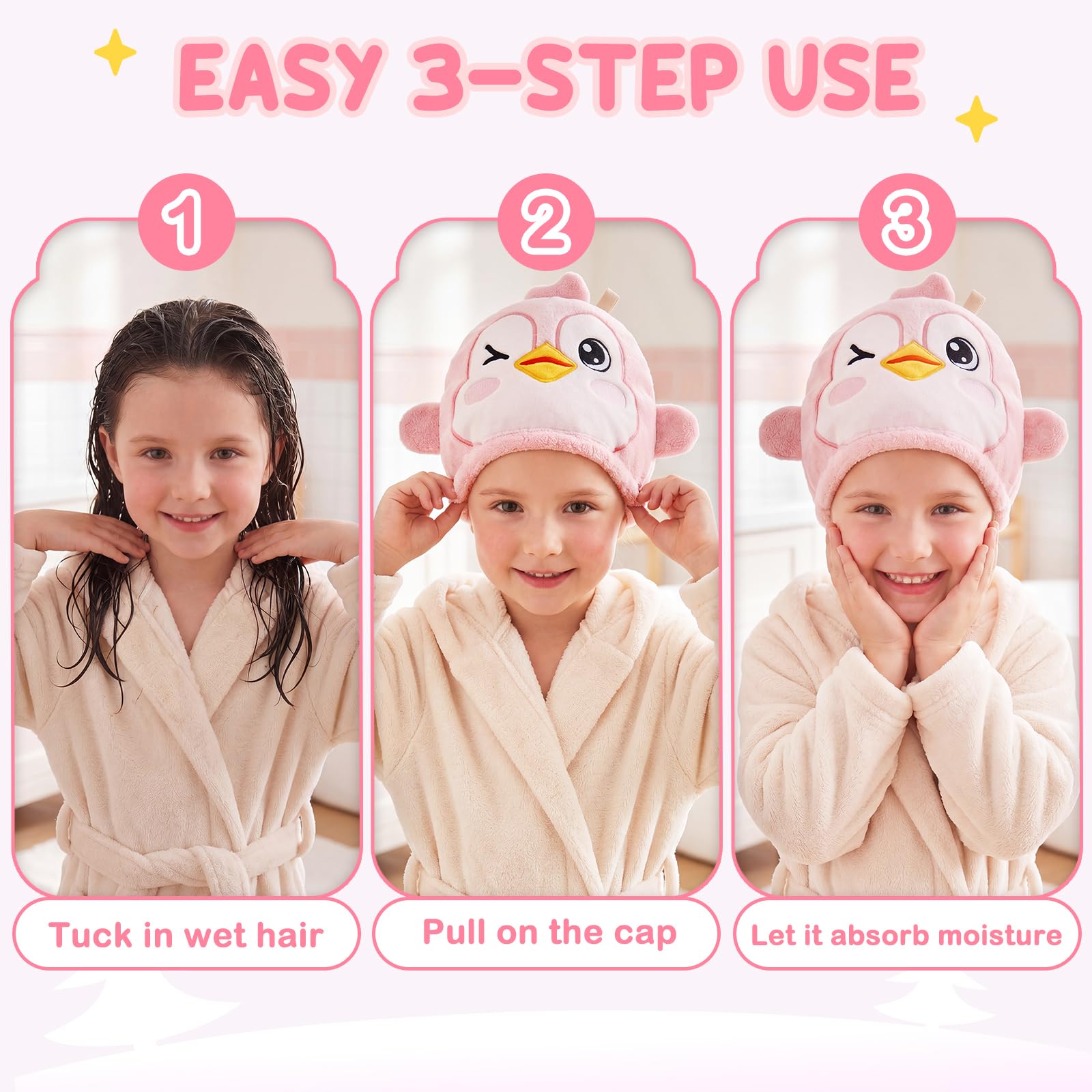 WAWSAM Kids Hair Towel Wrap Penguin, Microfibre Hair Turban Towel for Girls Boys, Fast Drying Hair Wrap with Button