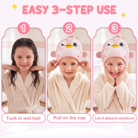 WAWSAM Kids Hair Towel Wrap Penguin, Microfibre Hair Turban Towel for Girls Boys, Fast Drying Hair Wrap with Button