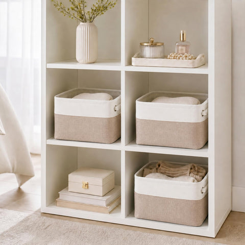 Mangata Fabric Storage Basket with Handles, Light Khaki White S