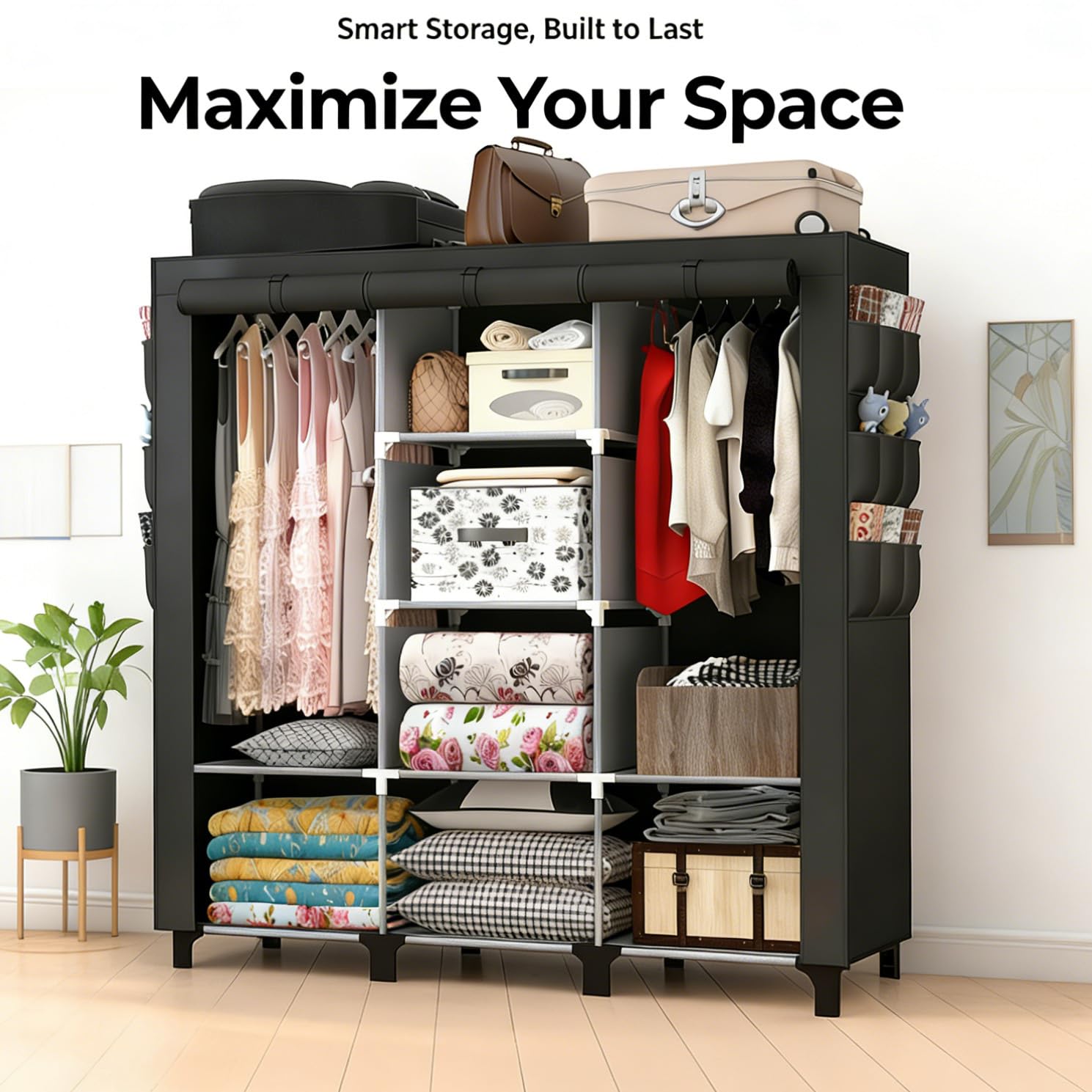 chunyangjingpin Portable Closet with 2 Hanging Rails & 8 Shelves, Bedroom Wardrobe with 18 Side Pockets, Foldable Garment Organiser (Black)