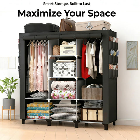 chunyangjingpin Portable Closet with 2 Hanging Rails & 8 Shelves, Bedroom Wardrobe with 18 Side Pockets, Foldable Garment Organiser (Black)