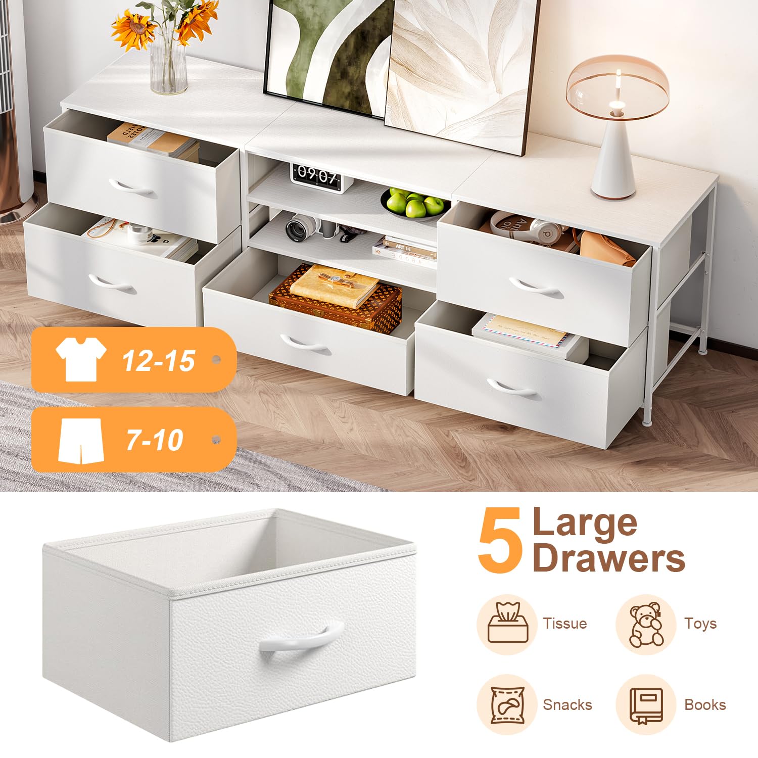 Forthcan TV Stand Cabinet, TV Unit with 5 Drawers, 140 cm, White