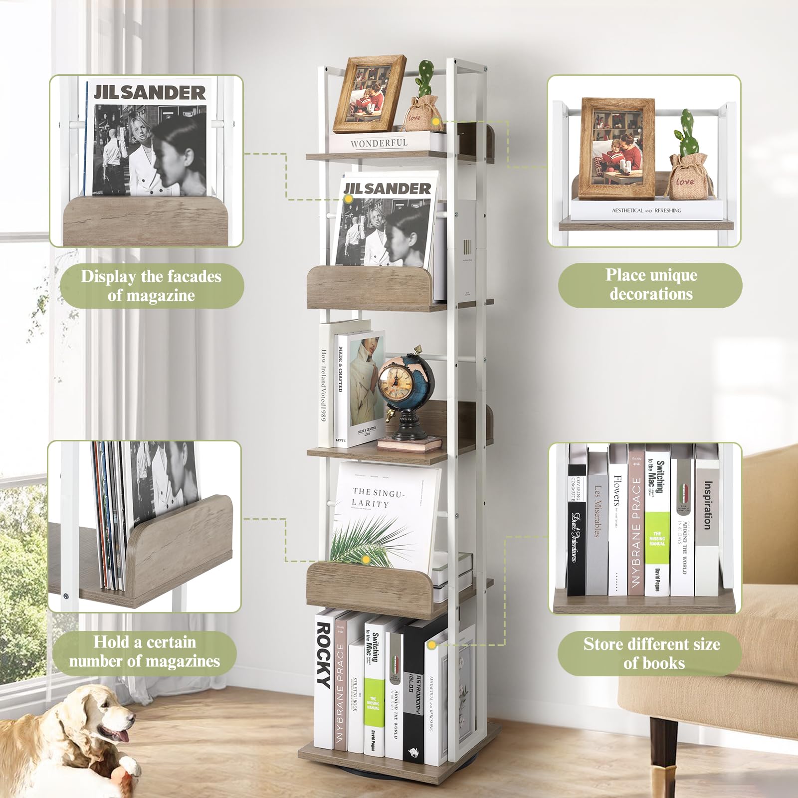 Bikoney 5-Tier Rotating Bookshelf, Tall Industrial Corner Book Tower