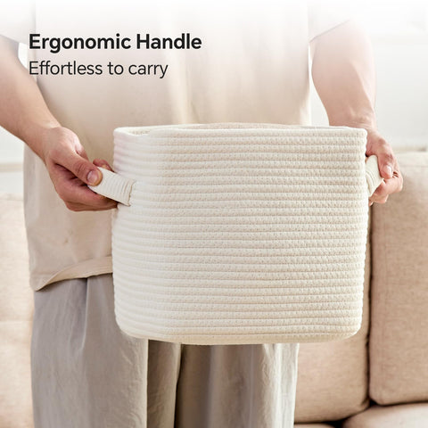 Mangata Set of 4 White Cotton Rope Cube Storage Baskets with Handles, 25x25x22cm, Woven Organisers for Shelves, Bathroom, Bedroom