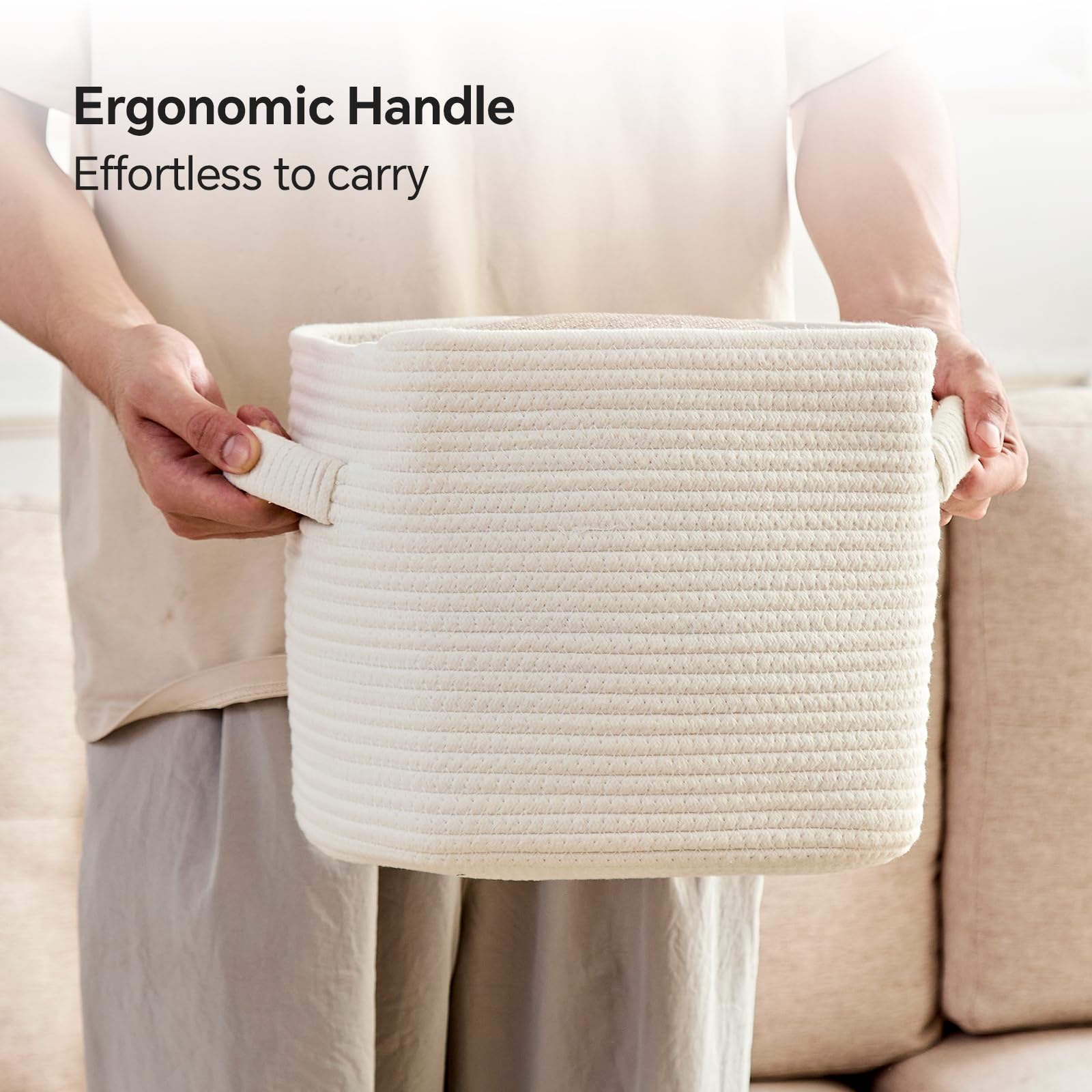 Mangata Set of 4 White Cotton Rope Cube Storage Baskets with Handles, 30x30x27cm, Woven Organisers for Shelves, Bathroom, Bedroom