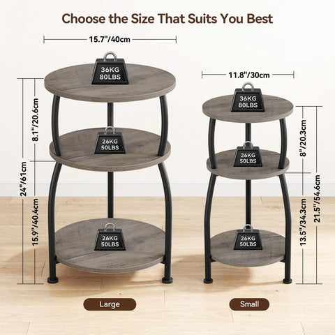 Yuede 3 Tier Side Table, Round Coffee Table, End Table with Storage Shelf, Bedside Table, for Living Room, Bedroom, Metal Frame, 40 x 61 cm, Gray