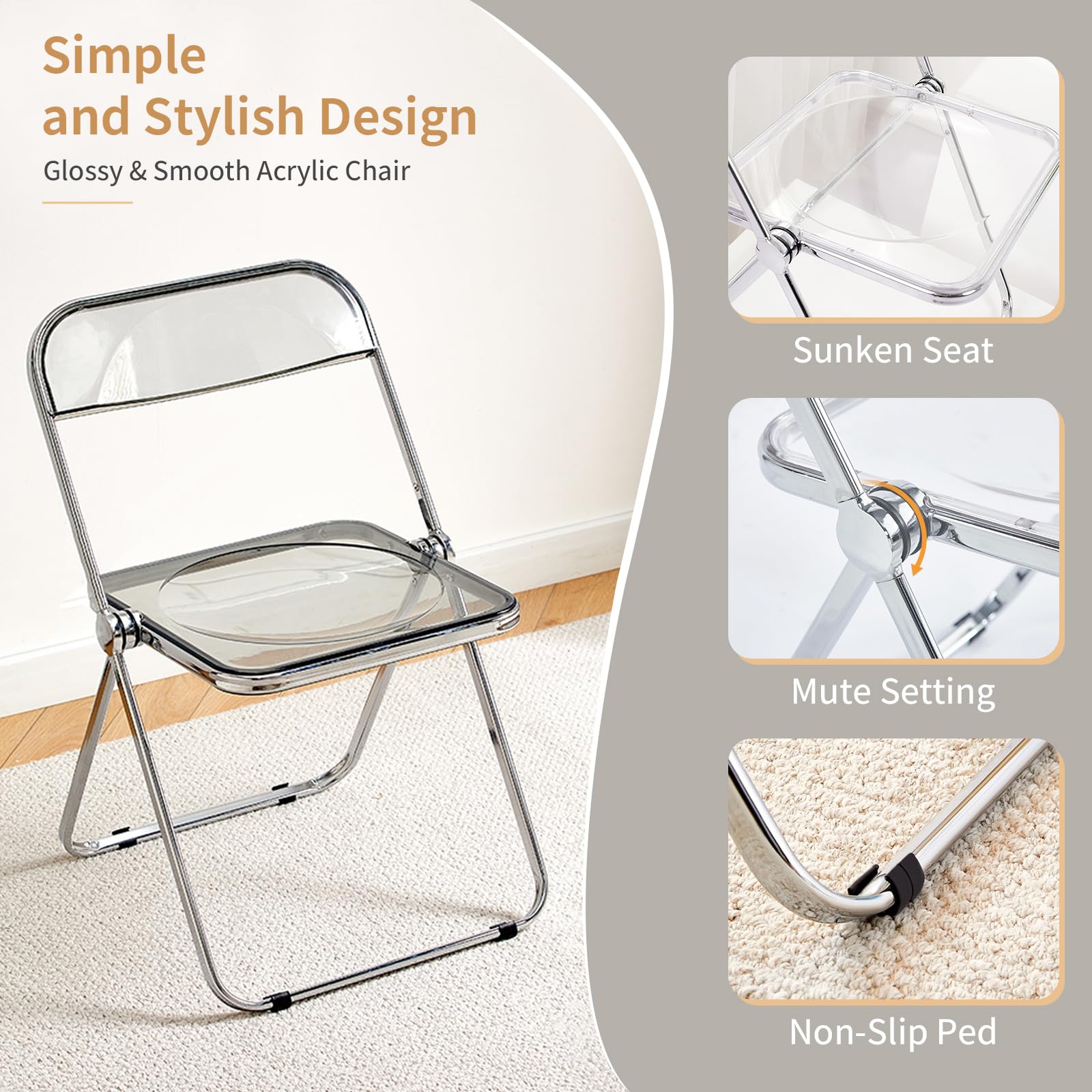 KAIHAOWIN Luxury Modern Acrylic Folding Chair Transparent Chairs-Ghost Stackable Crystal Folding Chair-PC Plastic Living Room Seat-Chrome Frame-Gray