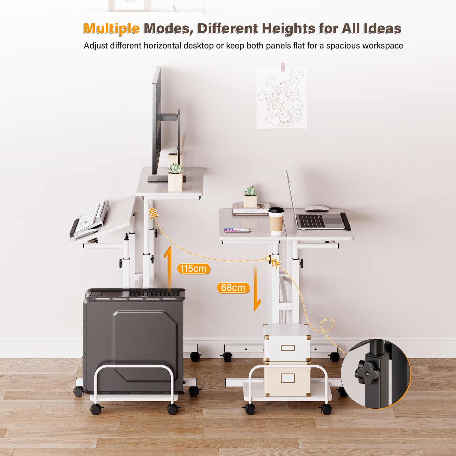 Dripex Standing Desk, Height Adjustable Rolling Desk with Tilting Table Top, Sit-Stand Workstation with Wheels, 60 x 60 cm, laptop Table