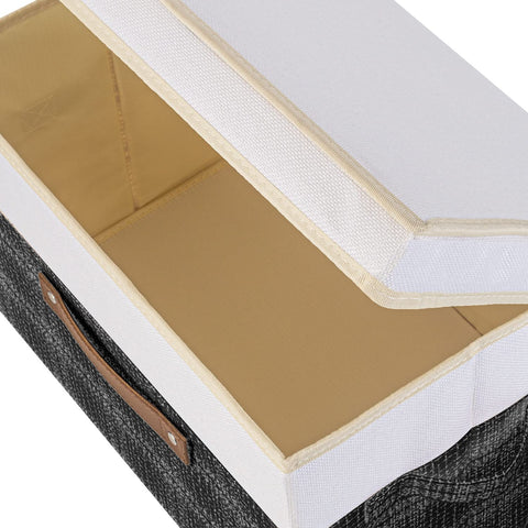 TYEERS Collapsible Storage Box with Lid, Patchwork Design, Decorative, Fabric Storage Box for Clothes, Wardrobe Storage, 38x25x25 cm, Set of 3, Black