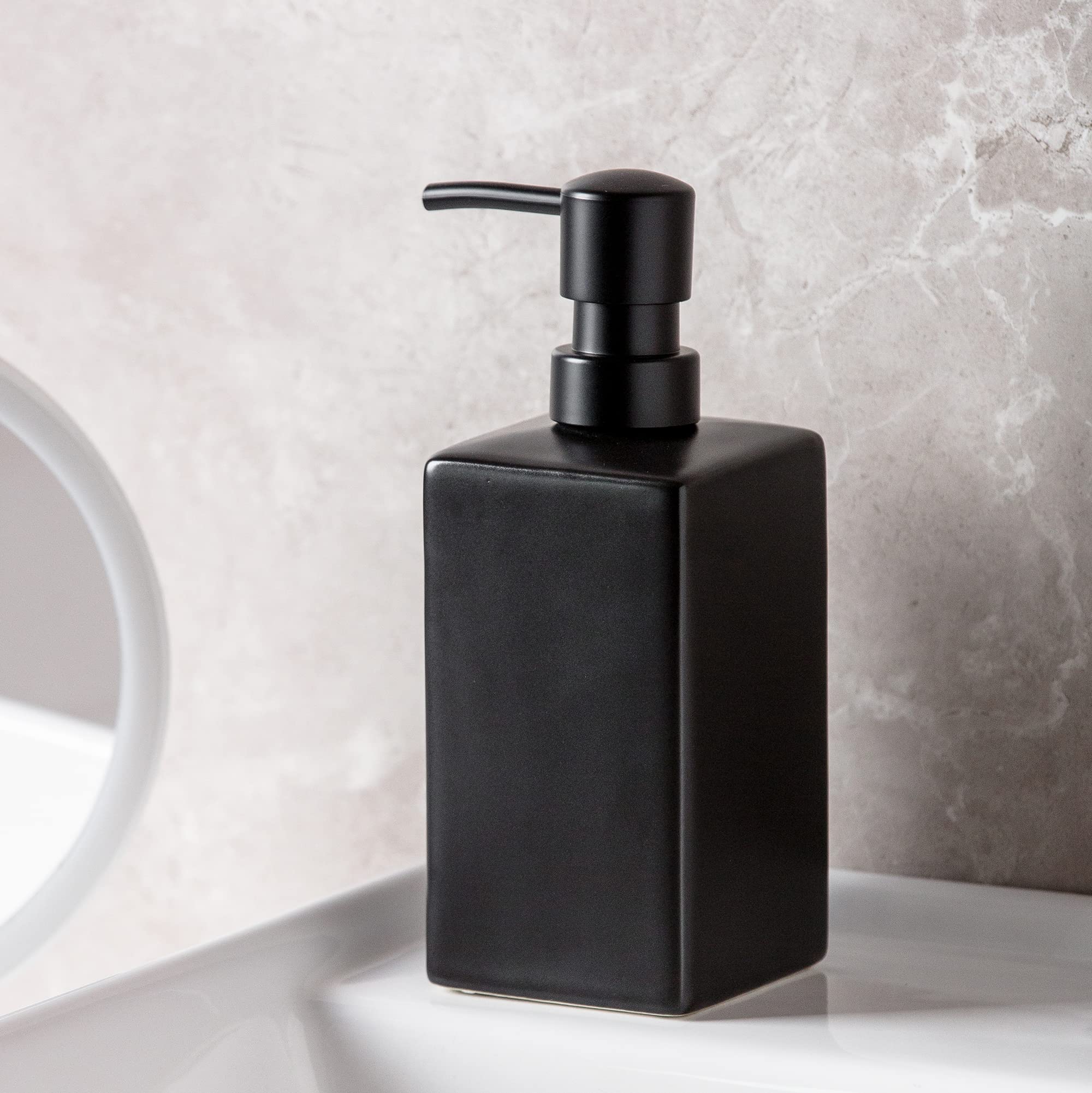 Matte Black Soap Dispenser Ceramic,Square Hand Soap and Lotion Dispenser for Bathroom Countertop,Dish Soap Dispenser for Kitchen-14oz.…