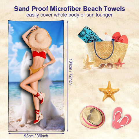 Violetpos Samoyed Beach Towel for Dog Lovers, Extra Large 180x90 cm 250GSM Microfibre, Sand Free Quick Dry