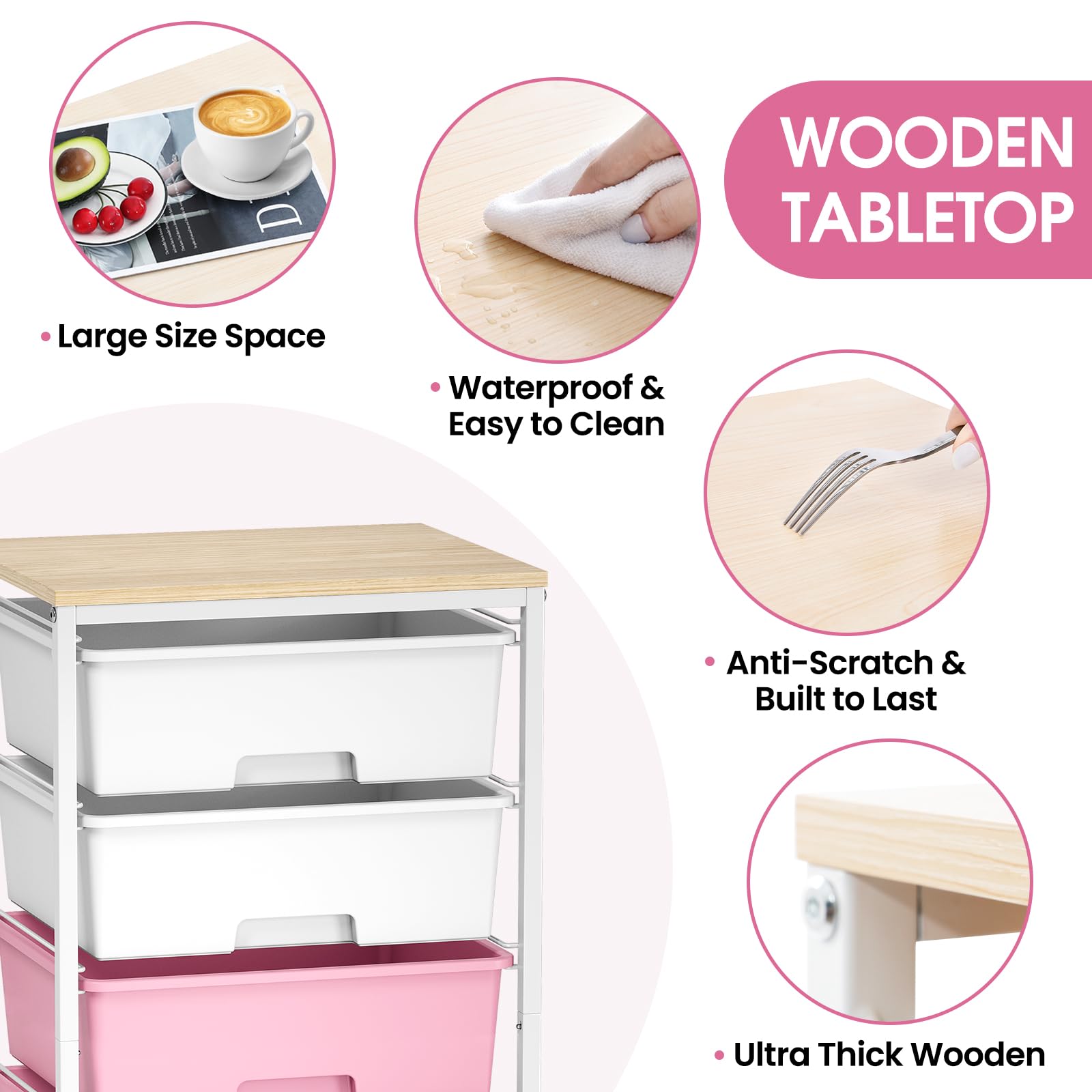 6-Drawer Craft Organizer Trolley Cart with Wooden Top, Pink