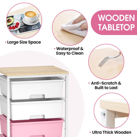 6-Drawer Craft Organizer Trolley Cart with Wooden Top, Pink