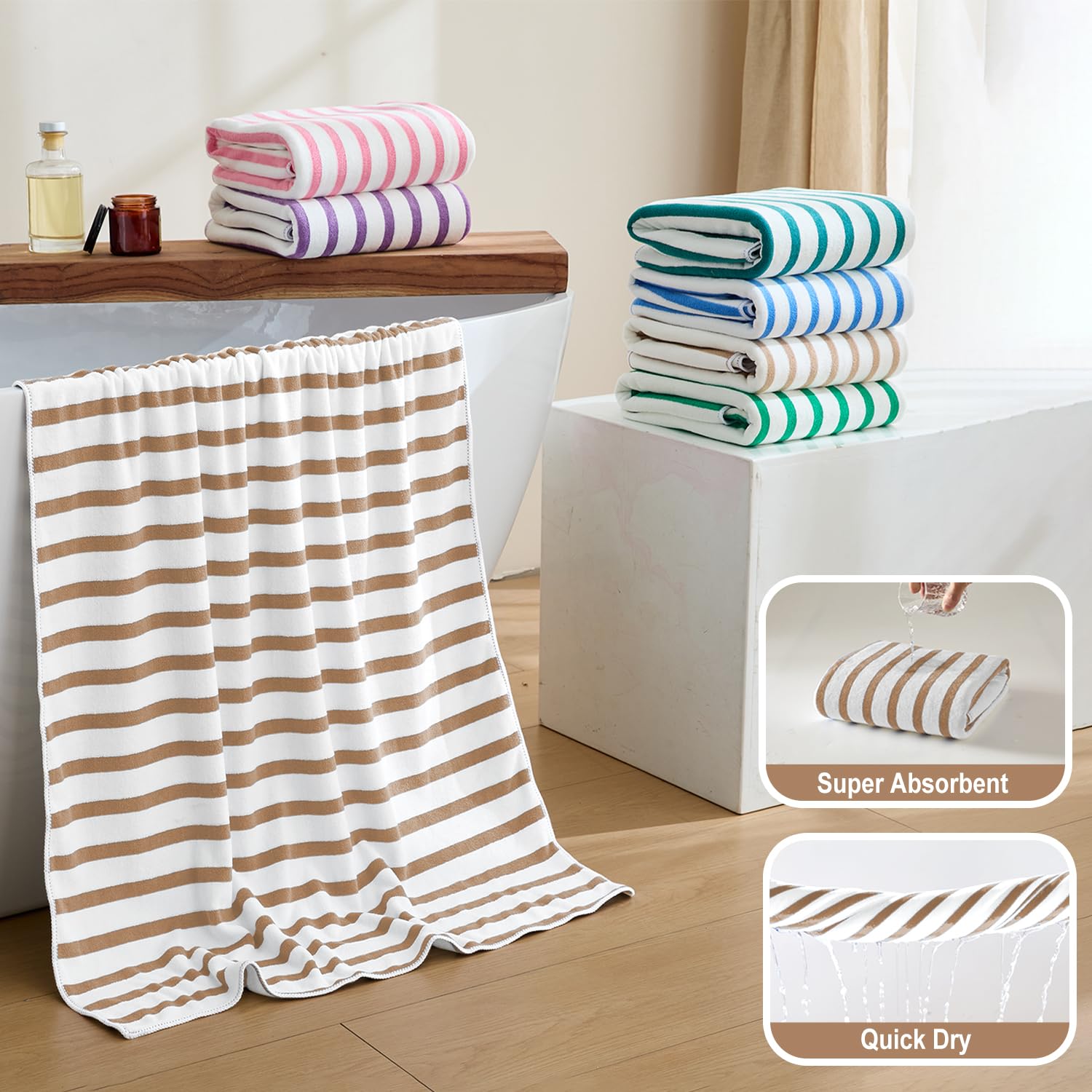 JML Microfiber Beach Towels, Quick Drying Towel (2 Pack, 30" x 60") Cabana Stripe Absorbent Bath Towel Set for Travel, Summer, Sport, Swimming, Pool