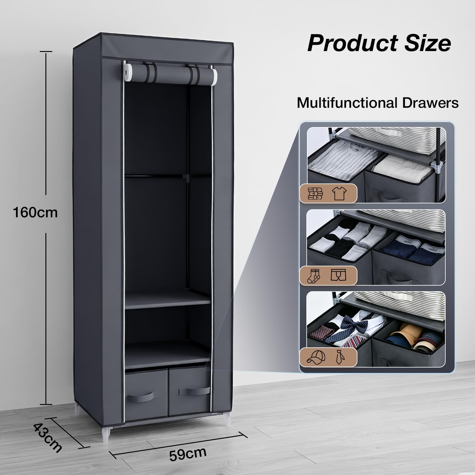 Single Canvas Wardrobe with 2 Drawers and Hanging Rail 160 x 59 x 43CM