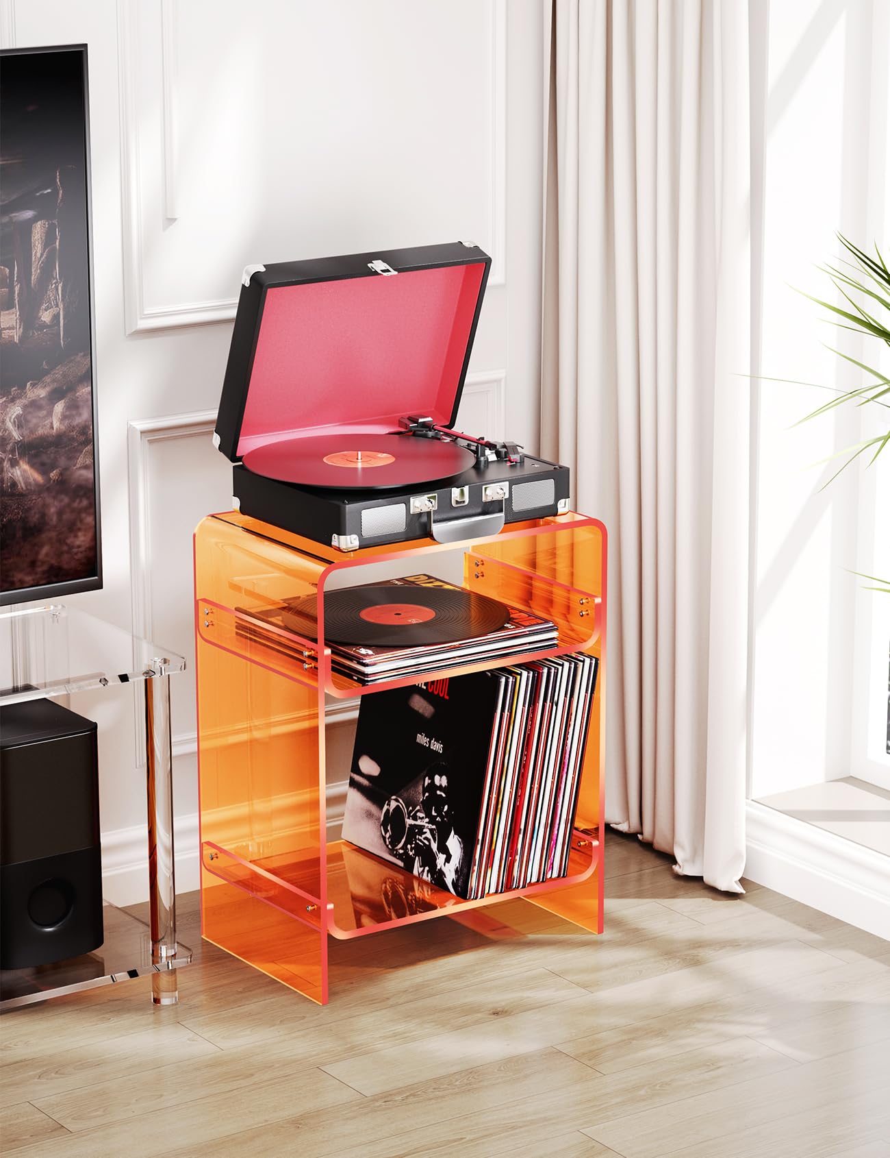 Dewrhiixe Acrylic Record Player Table with Storage Shelf, Clear Side Table, Nightstand (Orange, 45×30×58 cm, Acrylic)