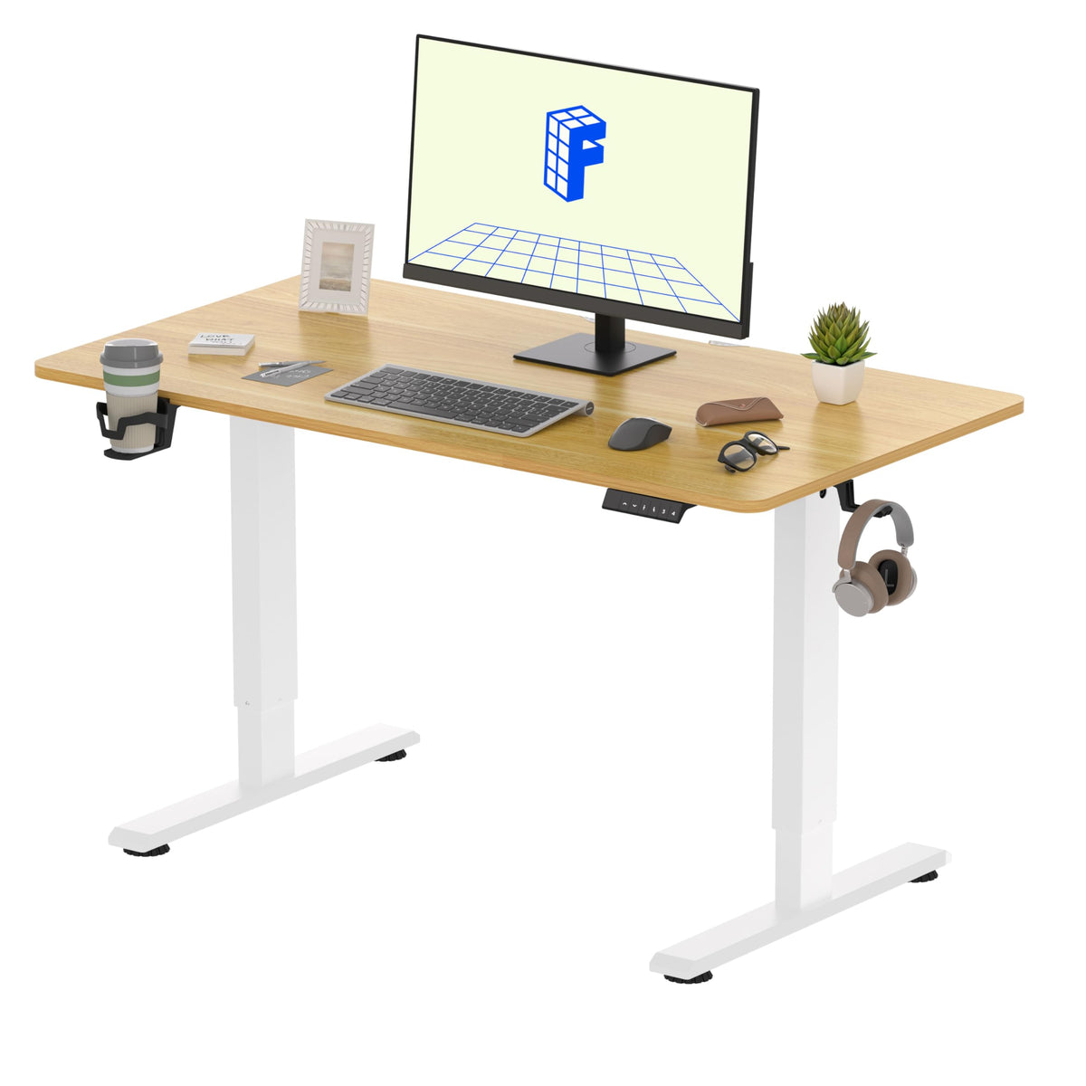 FLEXISPOT ONE PIECE Electric Standing Desk, Height Adjustable Ergonomic Stand up with Backpack Hook, Cup Holder and 4 Memory Preset, 110x54cm Maple