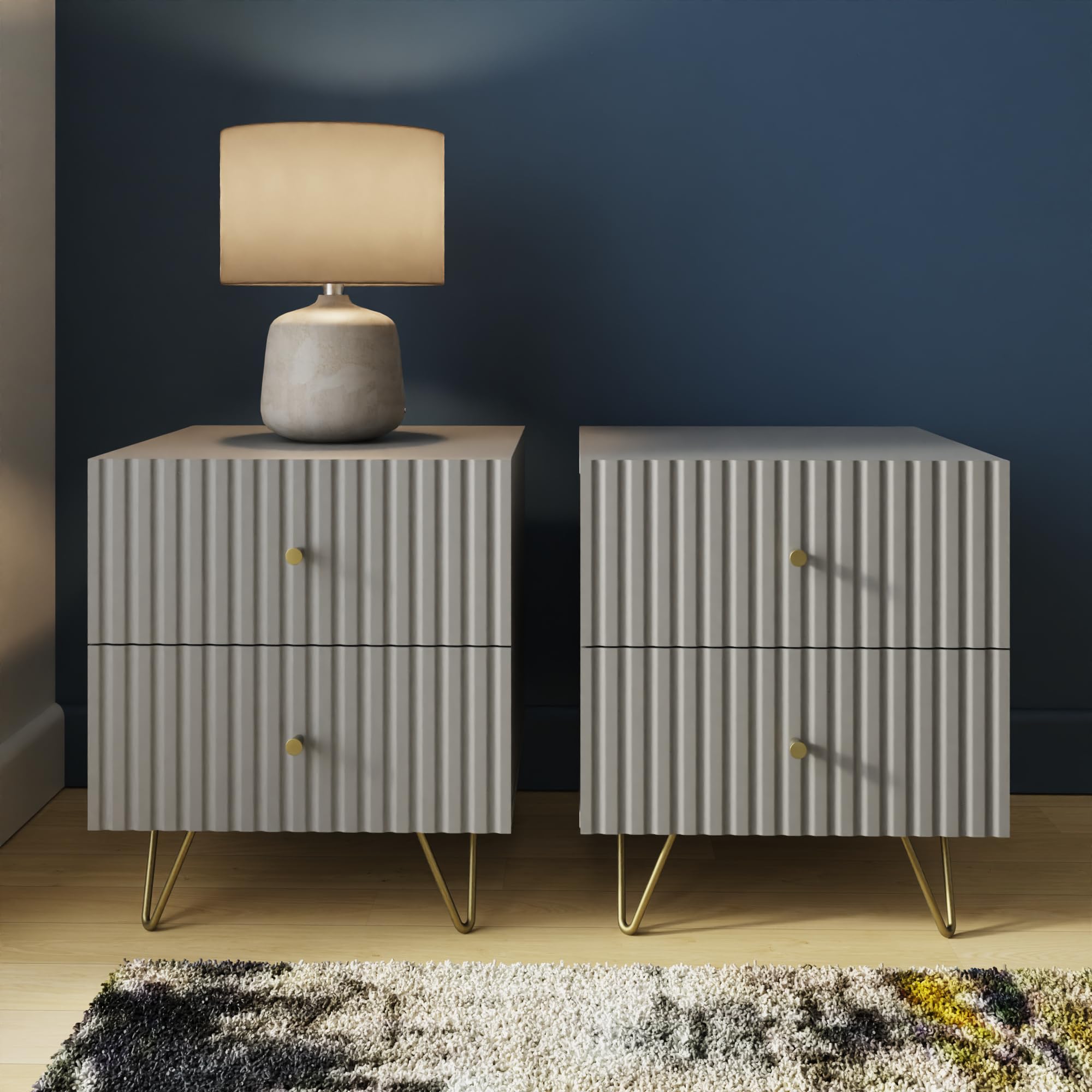 GFW FW Thalia Bedside Table Set of 2, Modern Grey Nightstands with Textured Finish & 2 Drawer Storage
