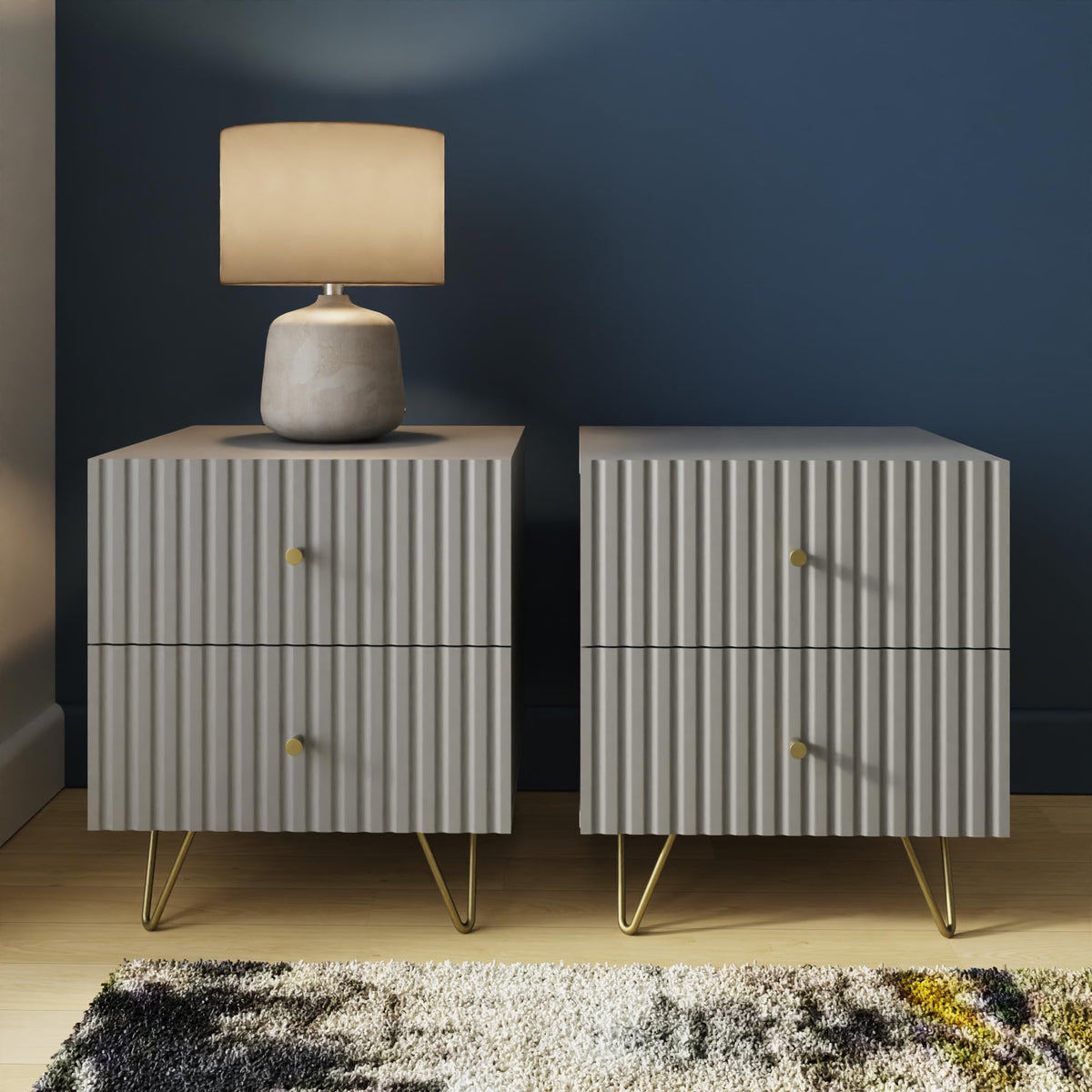 GFW FW Thalia Bedside Table Set of 2, Modern Grey Nightstands with Textured Finish & 2 Drawer Storage