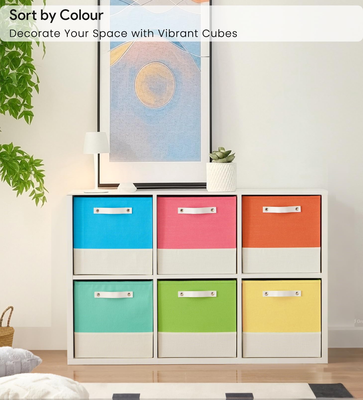 FABINADO Storage Cube | 260g/㎡ Linen Cubby Box for Shelf, Bookshelf, Closet, Wardrobe | 28cm Square Drawer Insert Basket | 6 Pack, Macaron & White