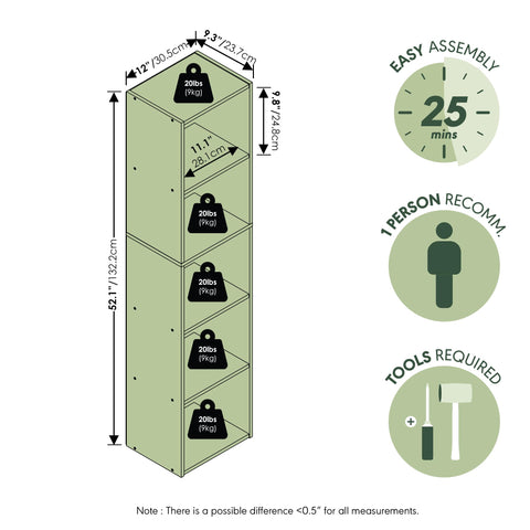 Furinno PASIR Book Shelf, 5-Tier Modern Bookshelf, Open Shelves Bookcase 9 x 12 x 52, for Living Room, Bedroom, Home Office, Green/White