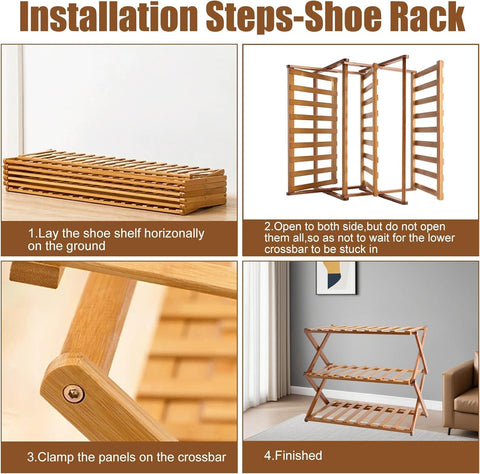 Gelory Bamboo Folding Shoe Rack, Portable Wooden Small Shoe Storage Rack