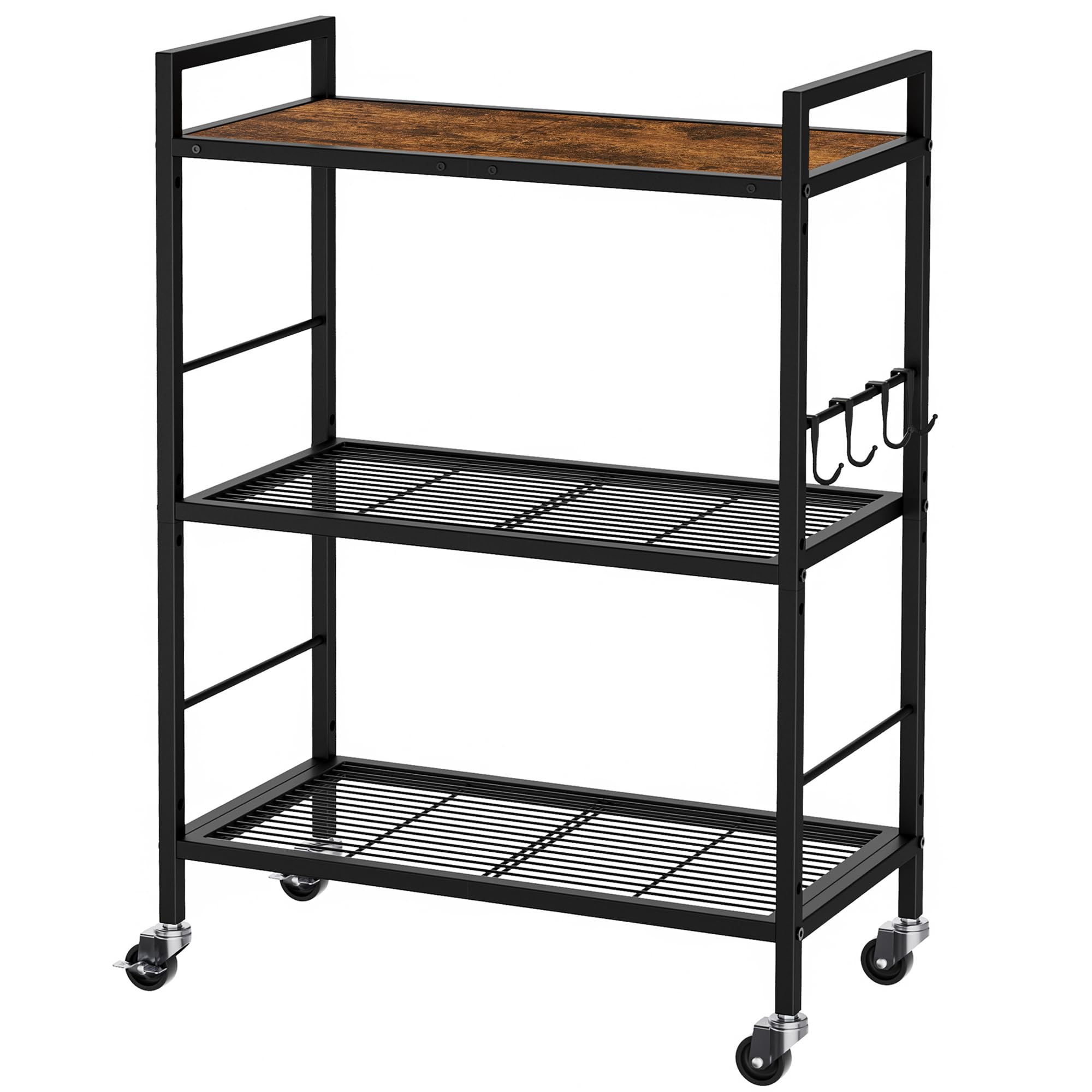 3-Tier kitchen trolley,Brown Wood Top,60W×30Dcm,4 Hooks, Adjustable Shelves