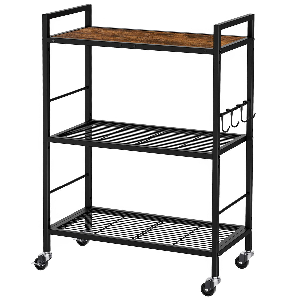 3-Tier kitchen trolley,Brown Wood Top,60W×30Dcm,4 Hooks, Adjustable Shelves