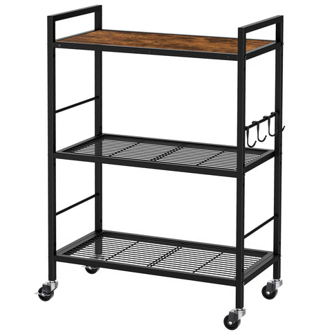 3-Tier kitchen trolley,Brown Wood Top,60W×30Dcm,4 Hooks, Adjustable Shelves