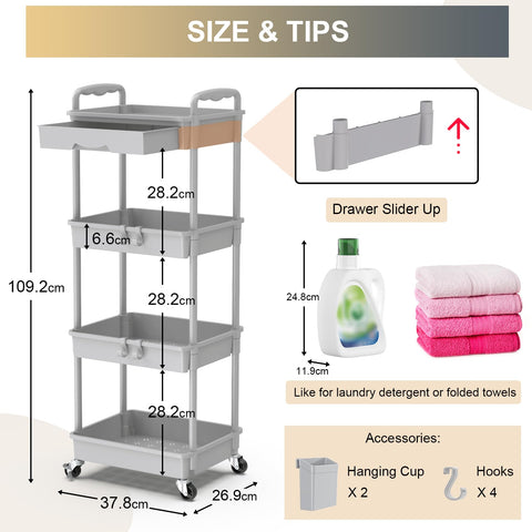 Yeabett 4 Tier Storage Trolley with Drawer, Utility Cart with Plastic Shelf & Lockable Wheels Multifunctional Storage Cart for Kitchen, Bathroom