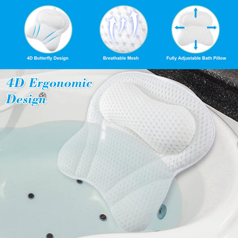 Bath Pillow 4D Ergonomic Bath Pillow Neck and Back Support Bath Cushion Air Mesh Technology Bath Headrest Pillow Bath Pillows with Strong Suction